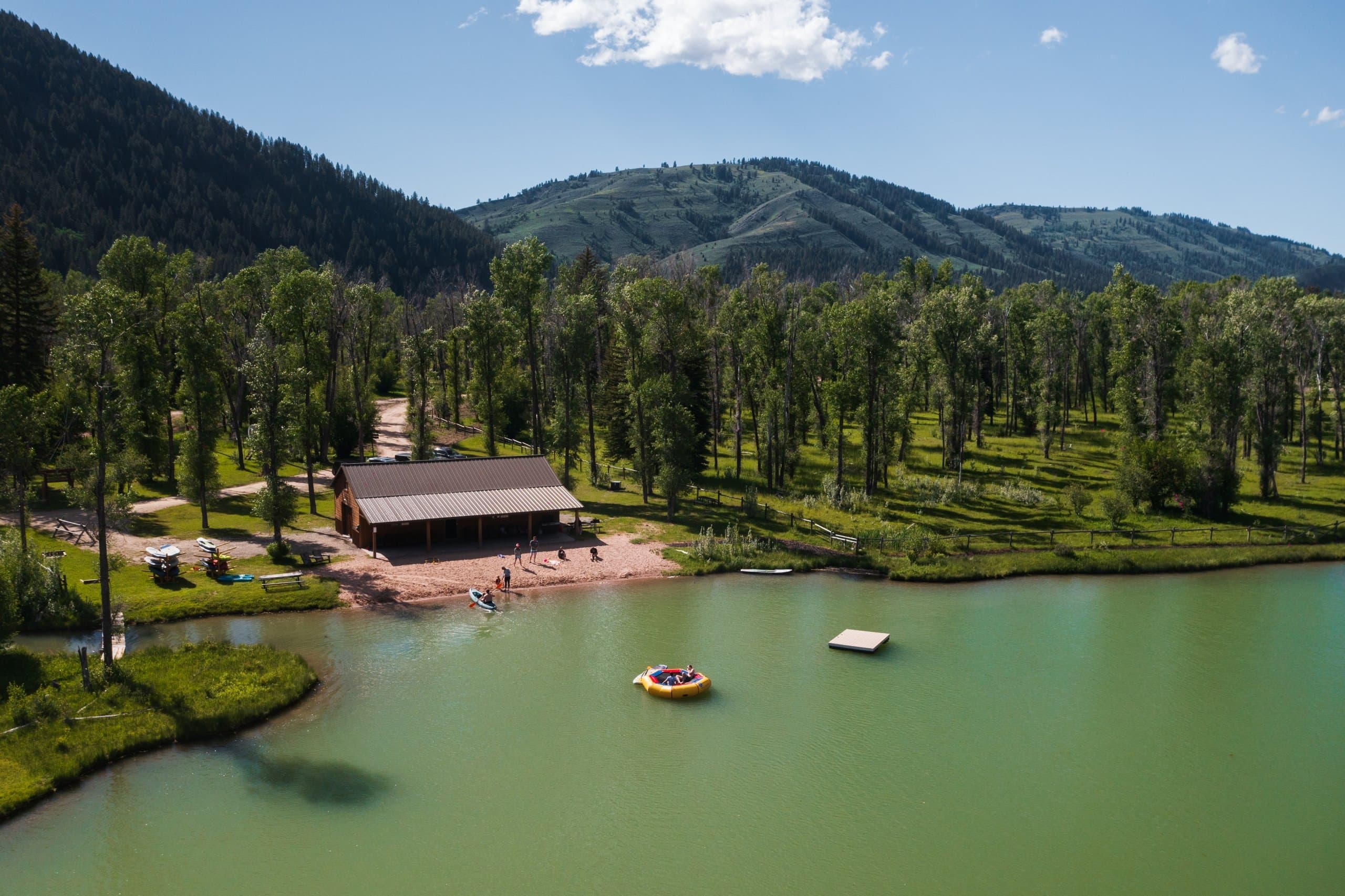 Outdoor Pursuits Barn Aerial Shot at Snake River Sporting Club outside Jackson, Wyoming.